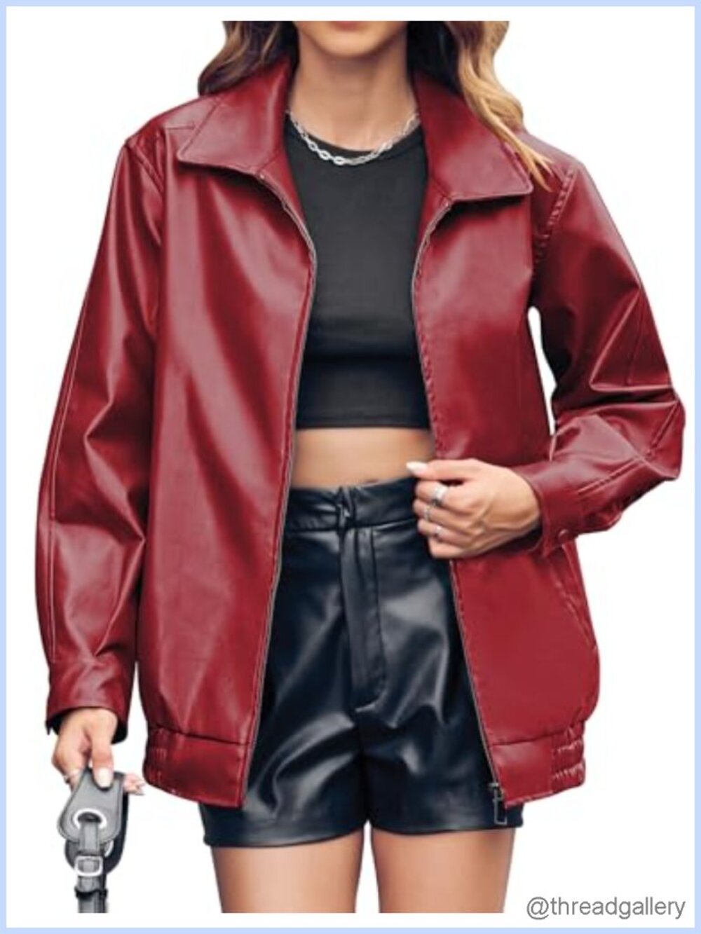 Womens Faux Leather Bomber Jacket Zip Up Oversized Lightweight Winter